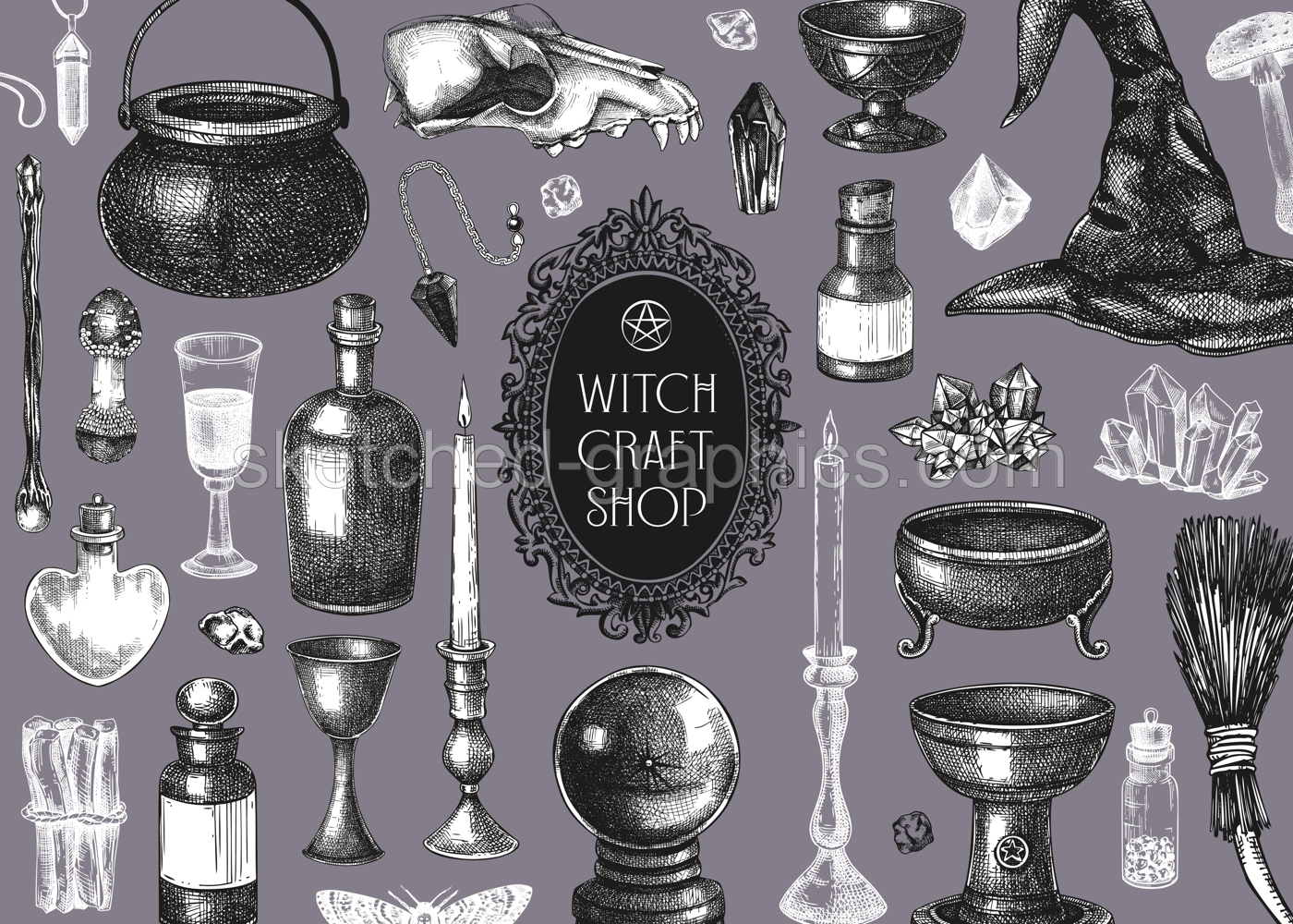 Bohemian style witchcraft background. Vinatge Halloween sketches. Hand-drawn vector illustration. Antique apothecary design. Witchcraft shop banner. NOT AI generated Illustration